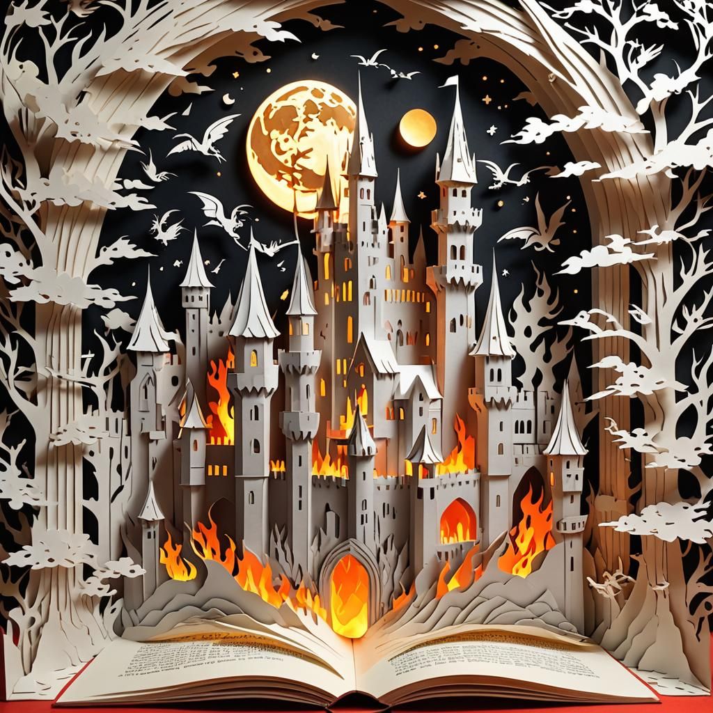 Kirigami Paper Cut Castle with Dragons