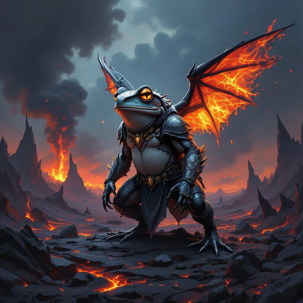 Icy Frog with Fiery Wings in Hellish Landscape