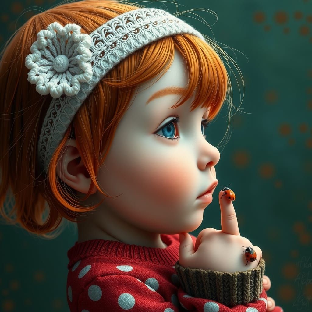 Redheaded Baby Girl and Ladybug in Hyperrealistic Style