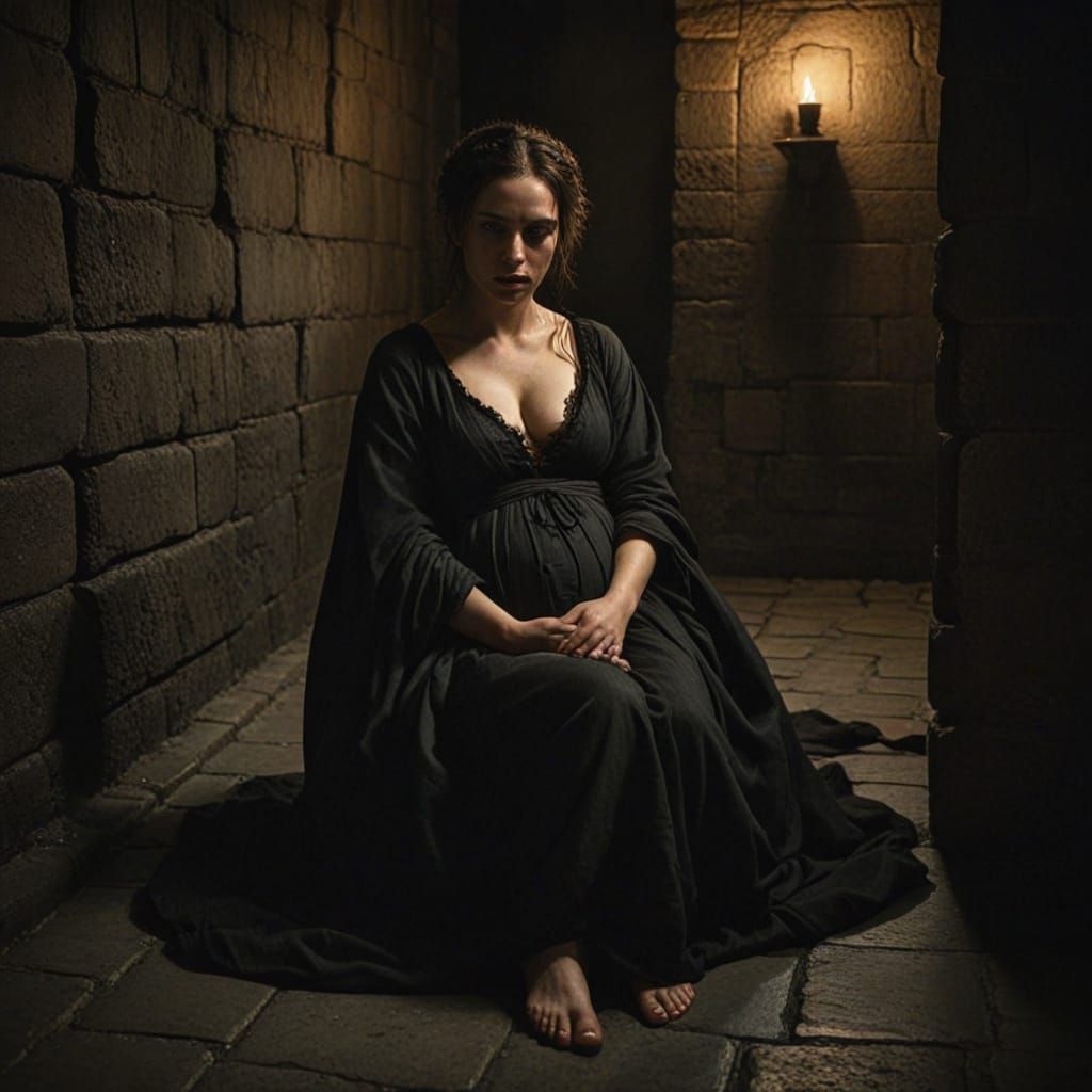 Dramatic Gothic Oil Painting of a Pregnant Woman in a Mediev...