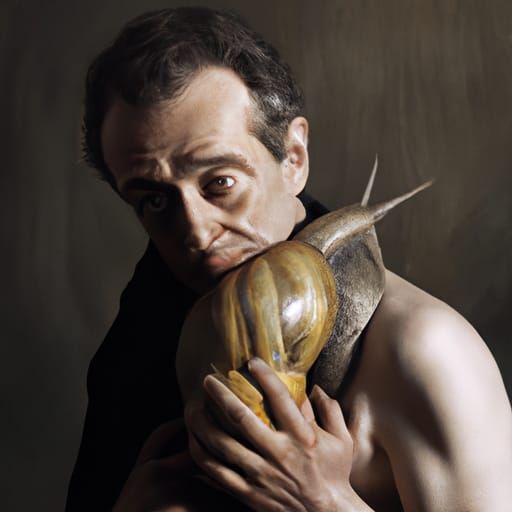 Man Embracing Giant Snail in Surrealist Style