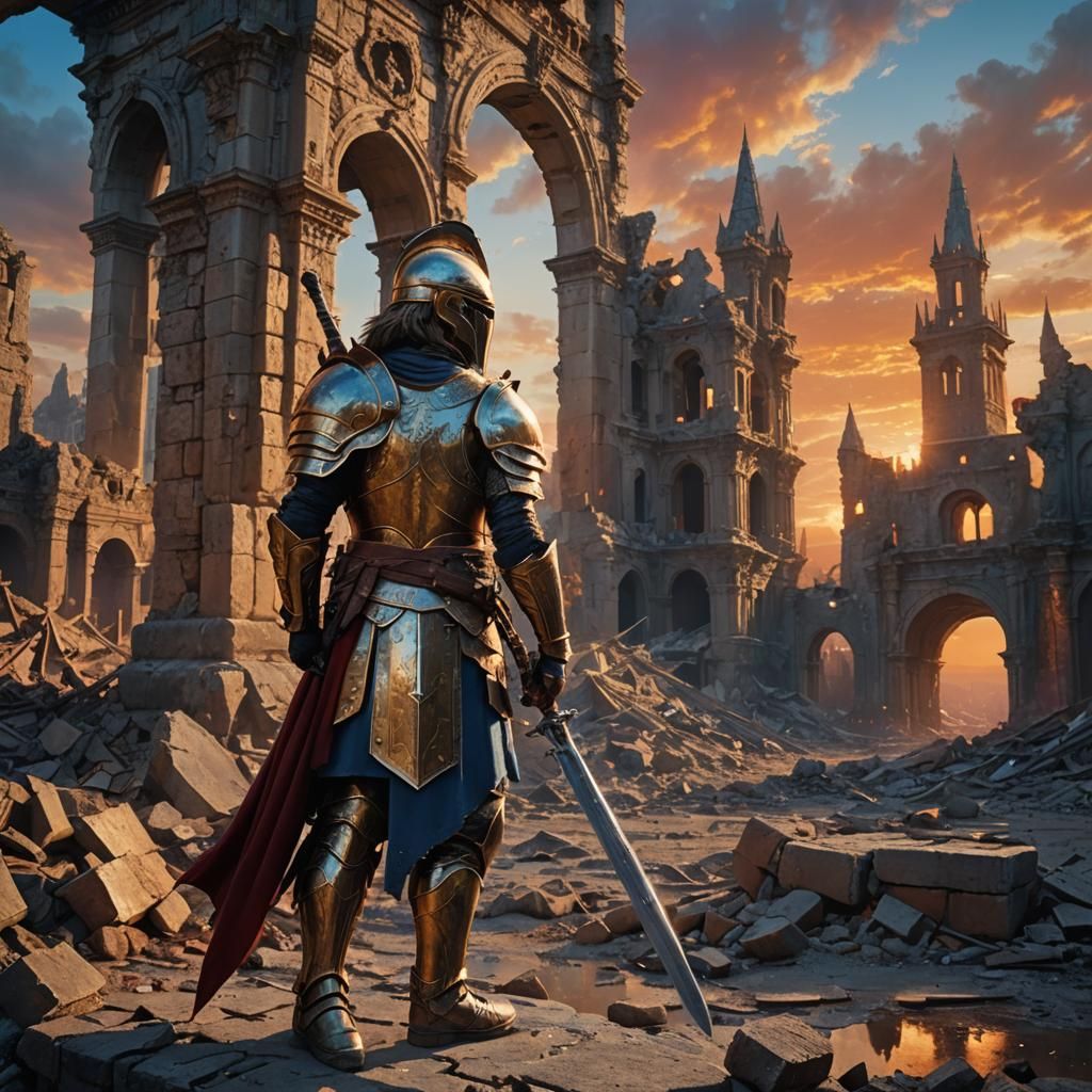 Warrior in Ruined Cityscape: Fantasy Digital Art