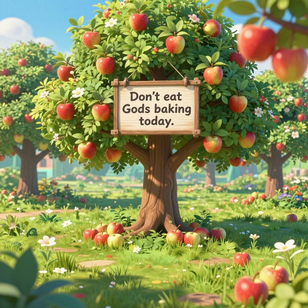Garden of Eden with Humorous Warning Sign in 3D Anime Style