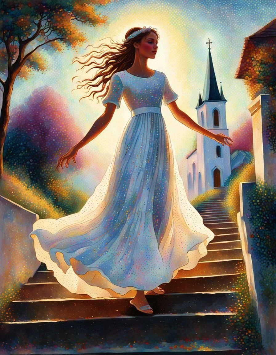 Pointillist Church on a Hill Image