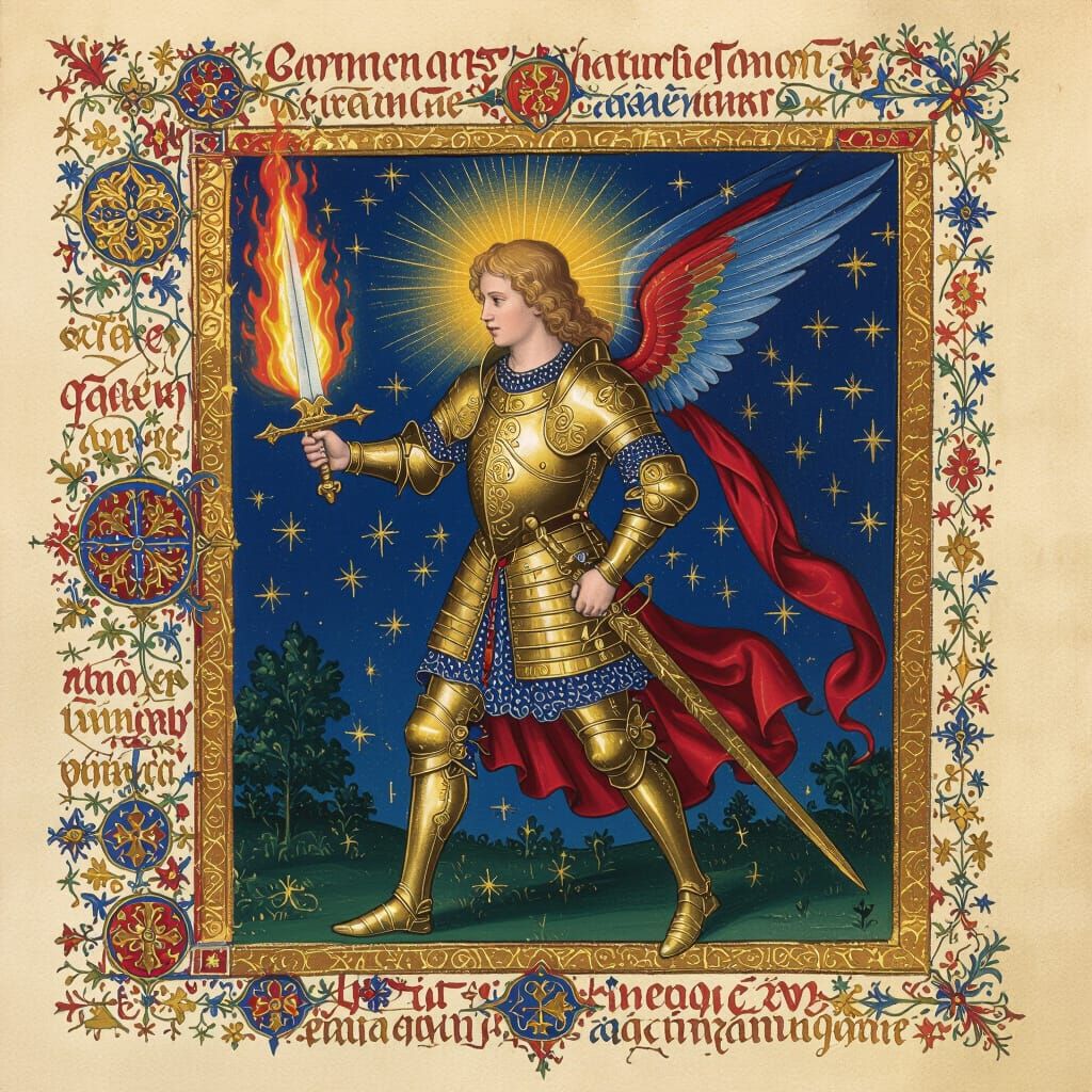 Medieval Angel with Flaming Sword in Flemish Manuscript Styl...