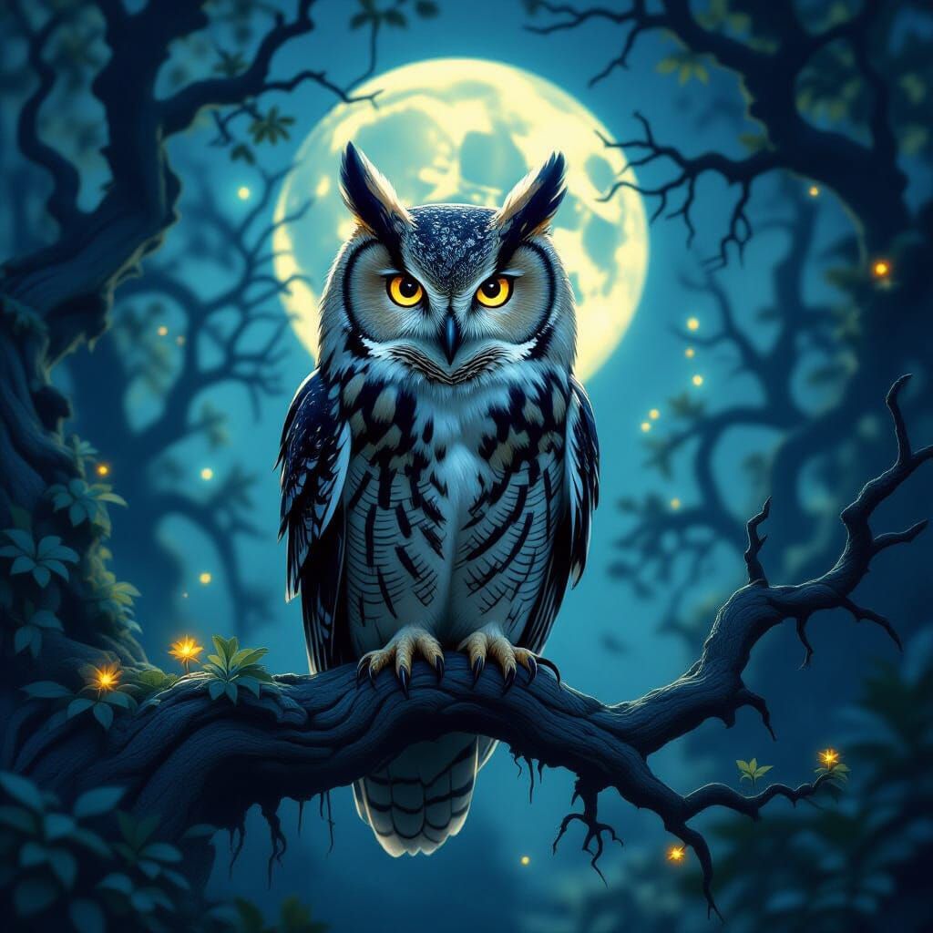 Majestic Owl in Moonlit Enchanted Forest