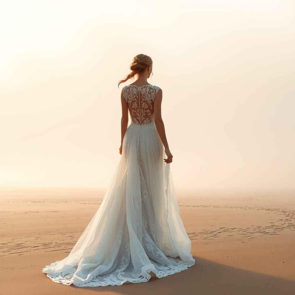 Dreamy Bride on Misty Beach at Sunrise