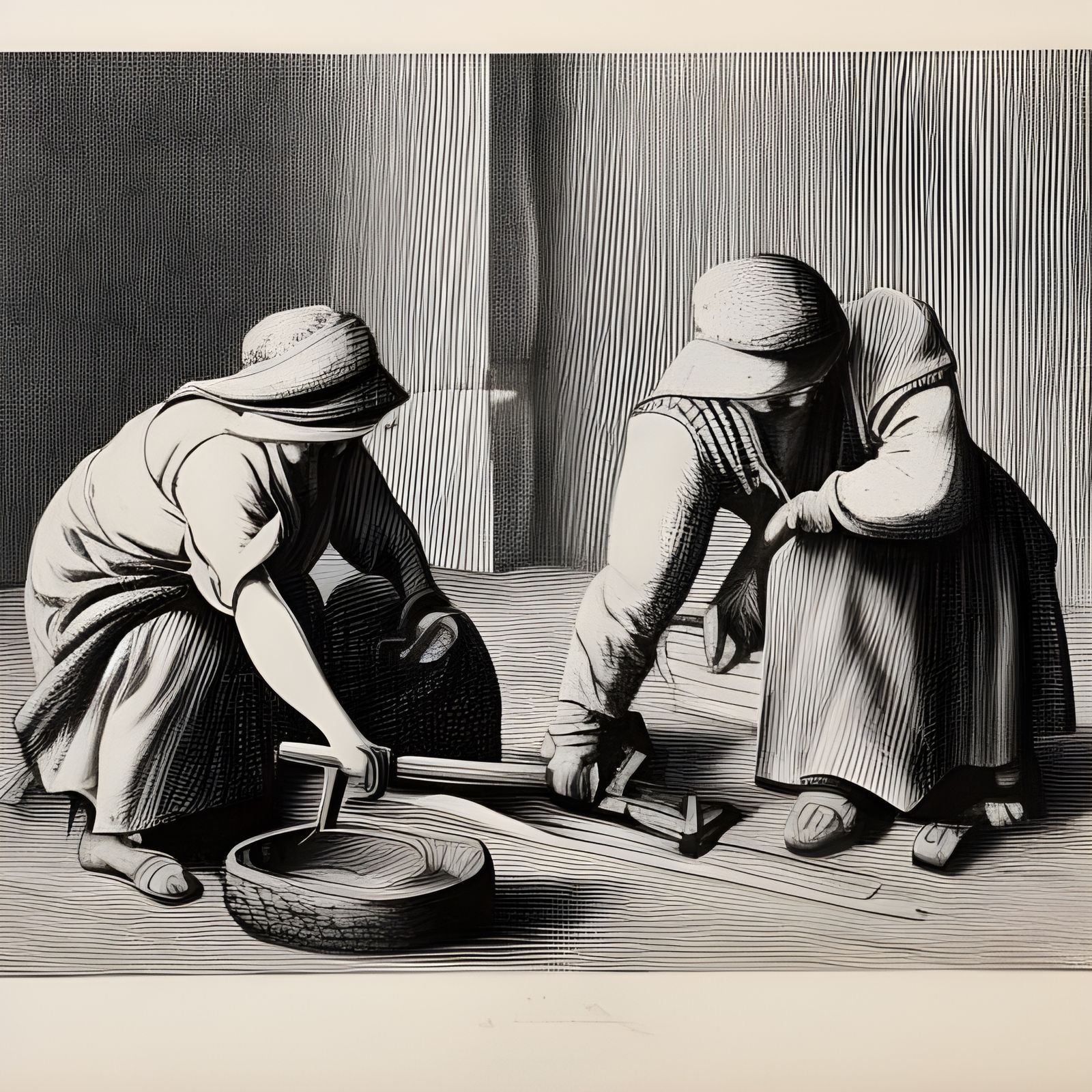 Checkered Workers Forging Wheel in Linocut Style