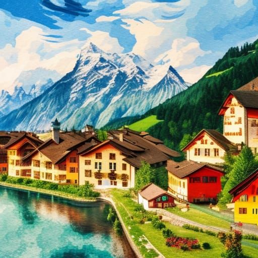 Swiss Village in Alps: Gouache Impressionist Masterpiece