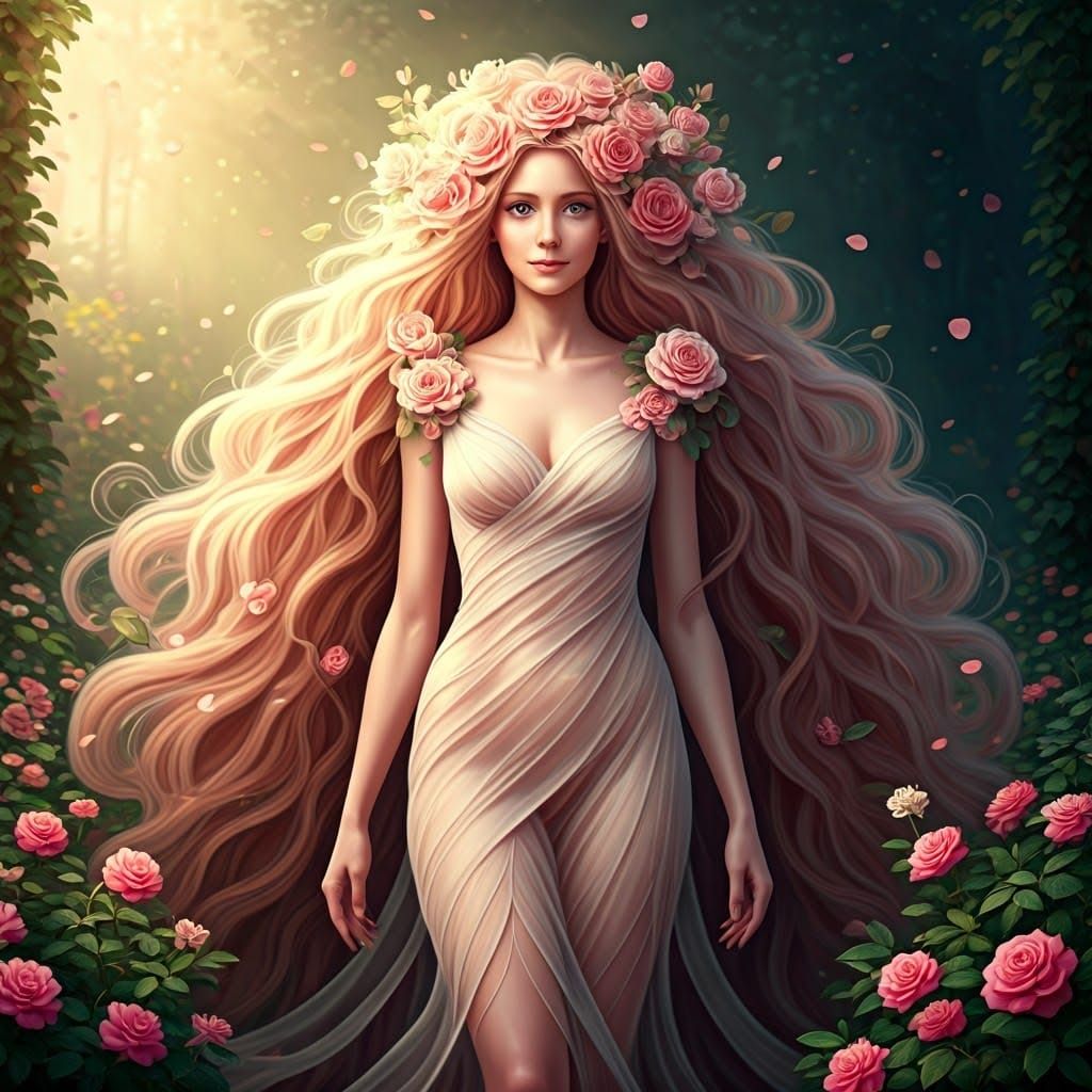Dreamlike Rose Quartz Dryad in Enchanted Garden