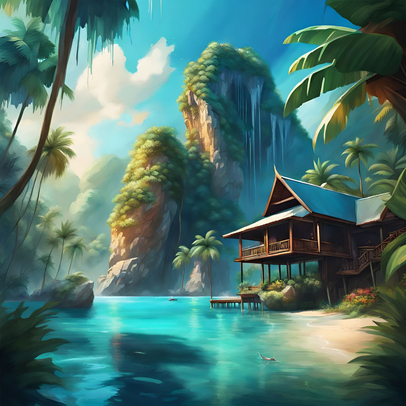 A resort in Thailand near the blue water and jungle.