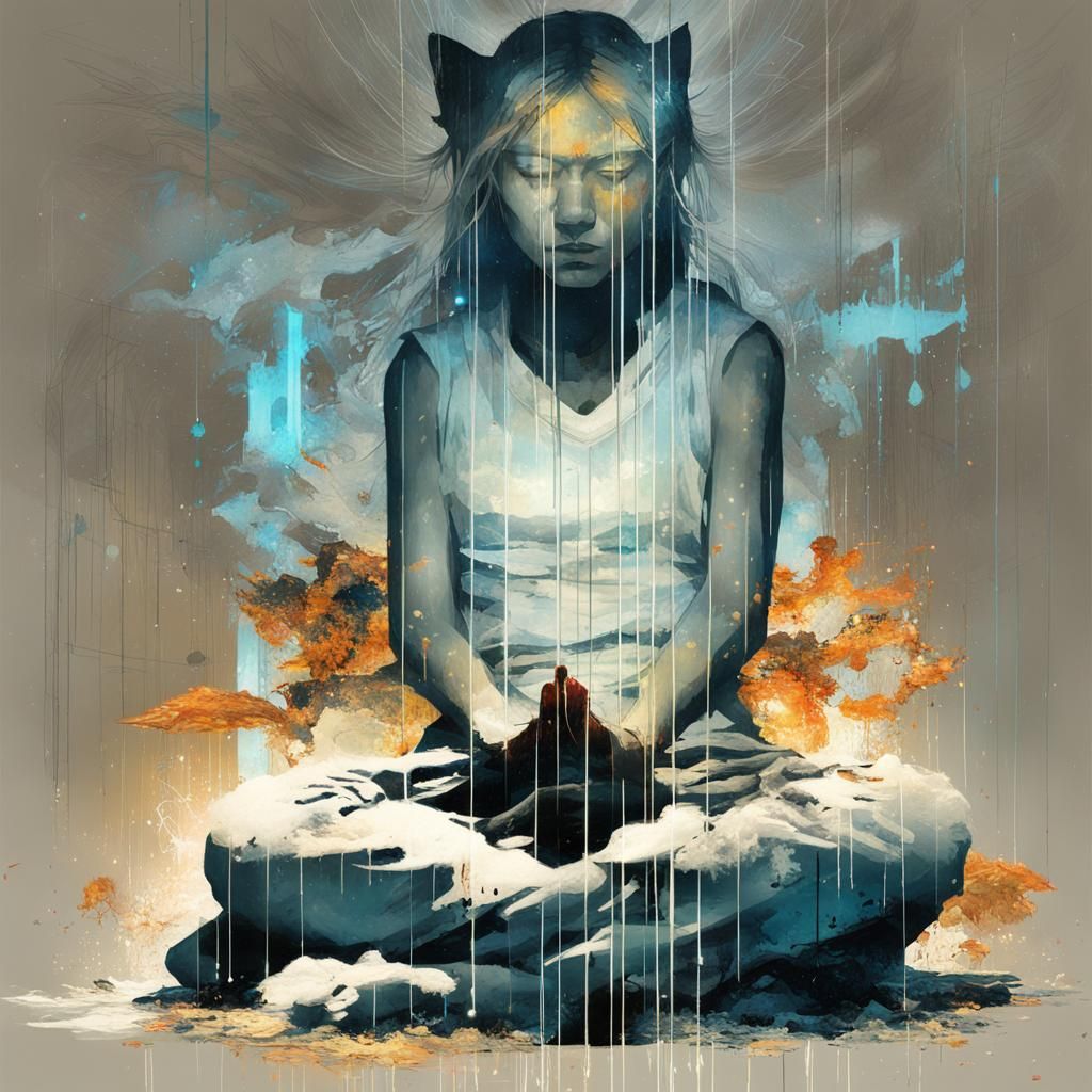 Meditating Cat in Sci-Fi Digital Illustration