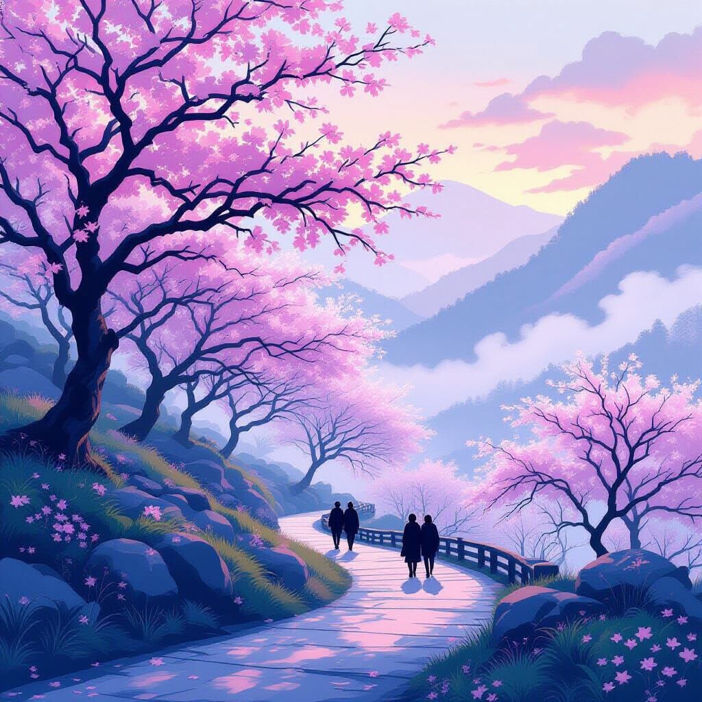 The image depicts a serene, misty landscape with cherry blos...