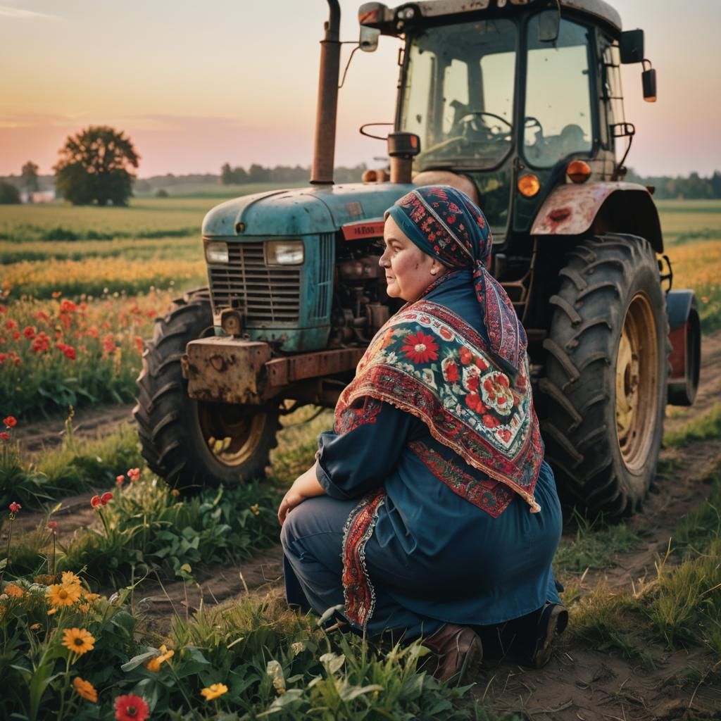 Sunset Field: Strong Woman with Tractor