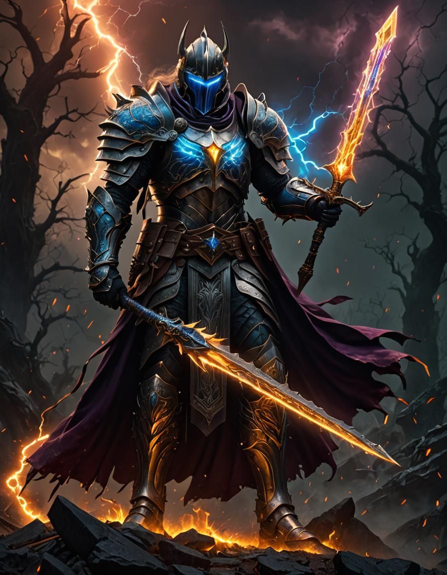 Apocalyptic Knight with Magic Sword in Hyperrealistic Style