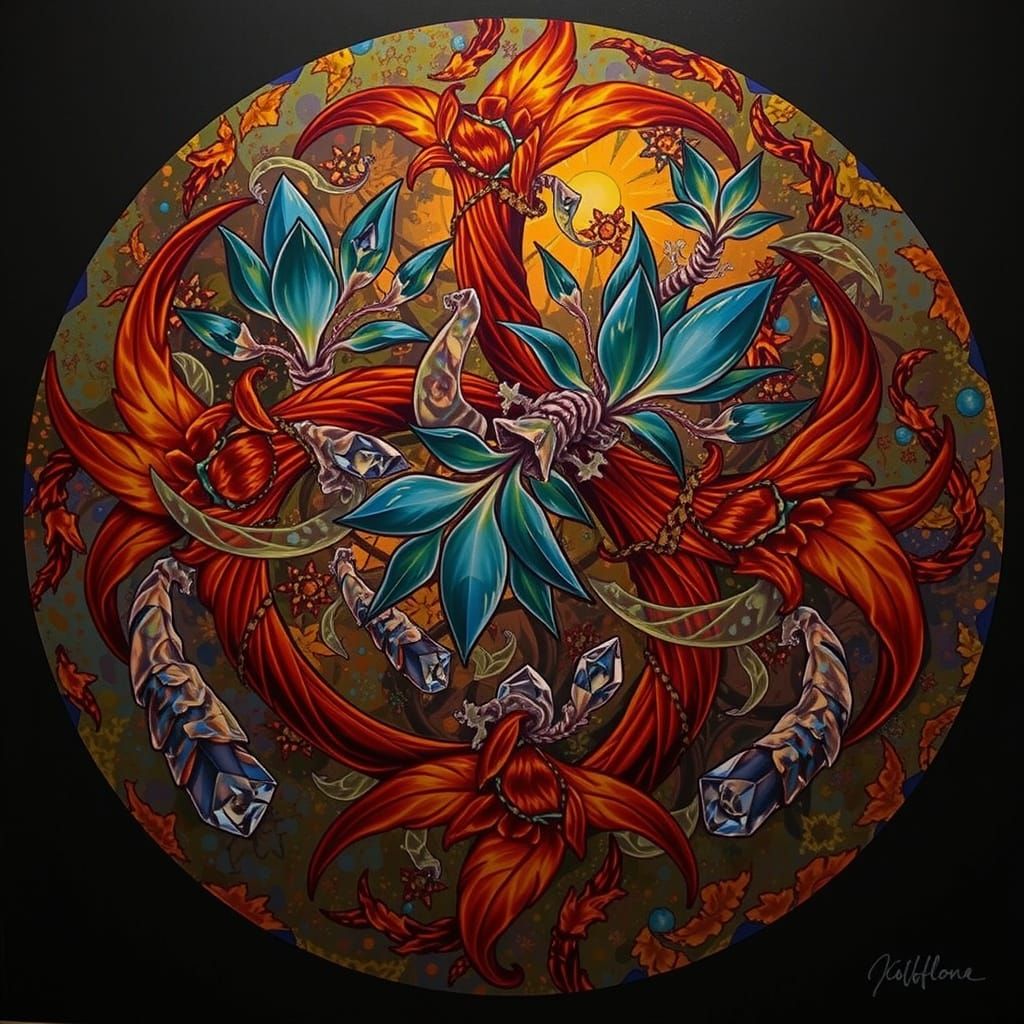 Abstract Botanical Art with Refracting Crystalline Leaves