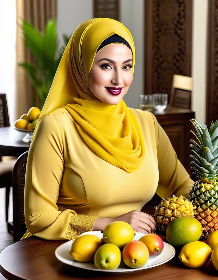 Woman in Yellow Dress Surrounded by Fruits