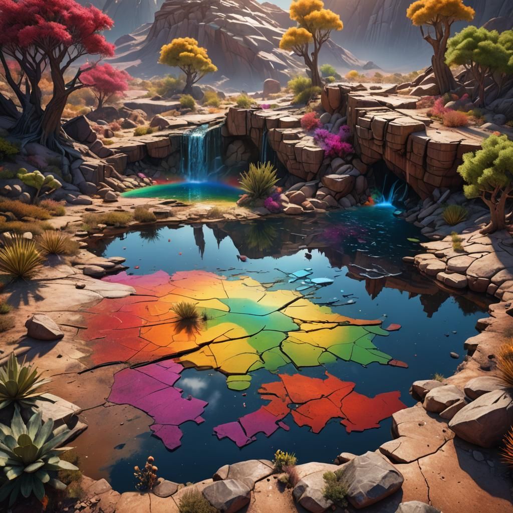 Rainbow Forest Reflected in Cracked Desert