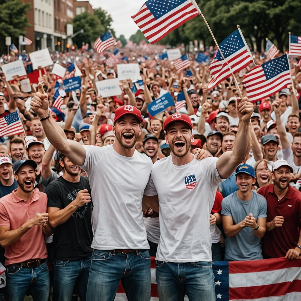 Patriotic Men Cheer at Rally: A Professional Photo