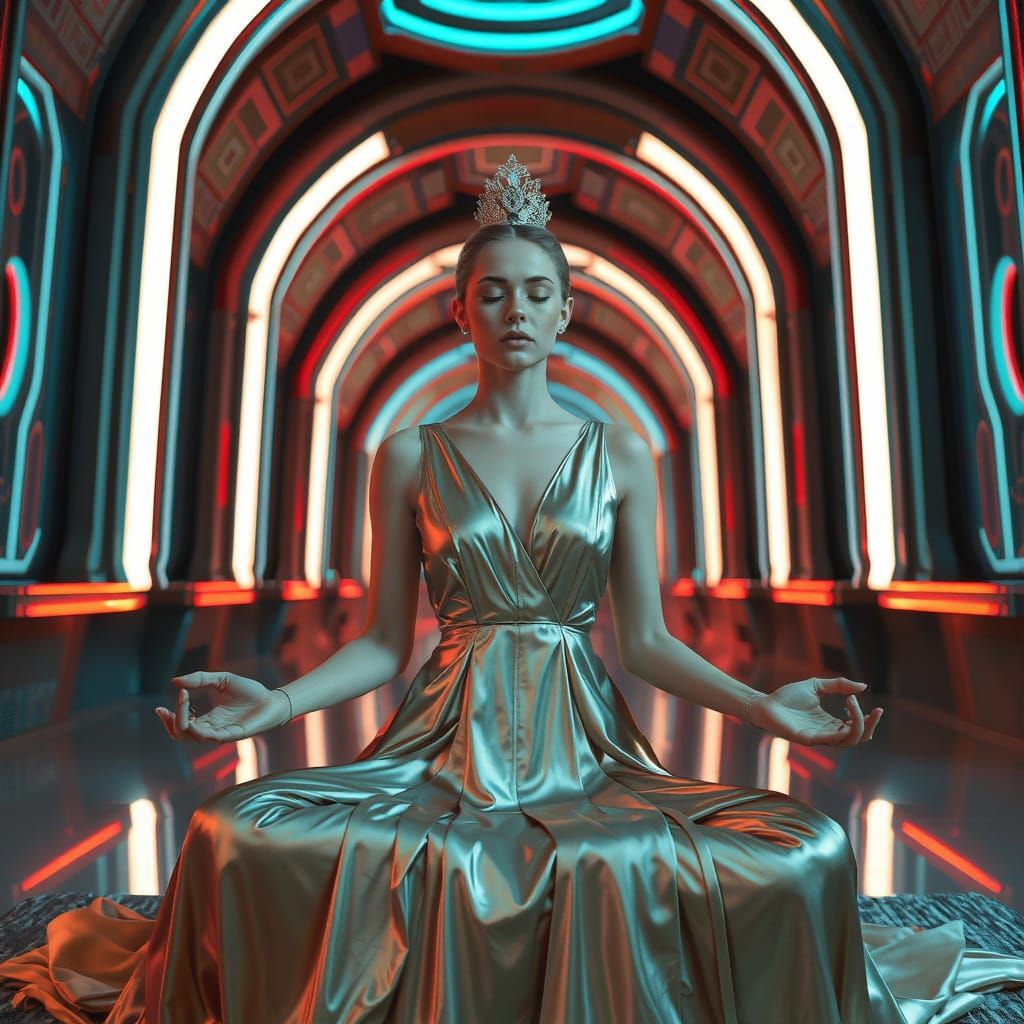 Elegant Futurist Princess Meditates in a Neon Dreamscape