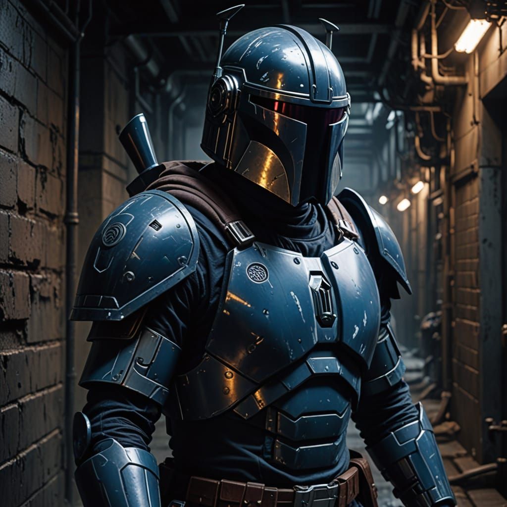 Mandalorian Warrior in Dark Corridor