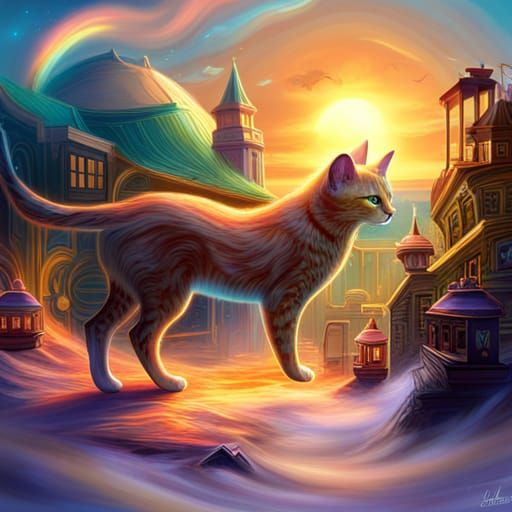 Fantastical Cat Mystic View in Digital Matte Painting Style
