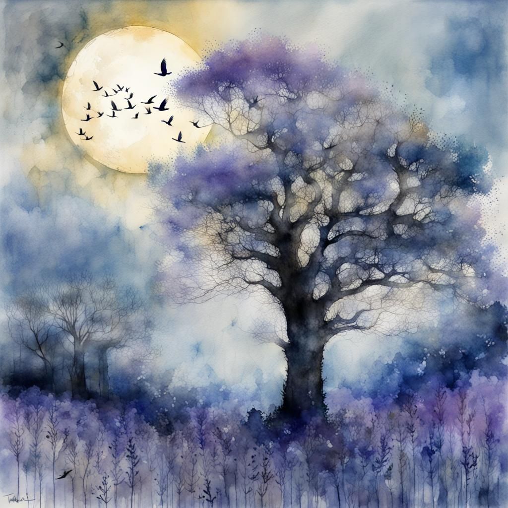 Blue Forest Moonscape in Watercolour Art Brut Style
