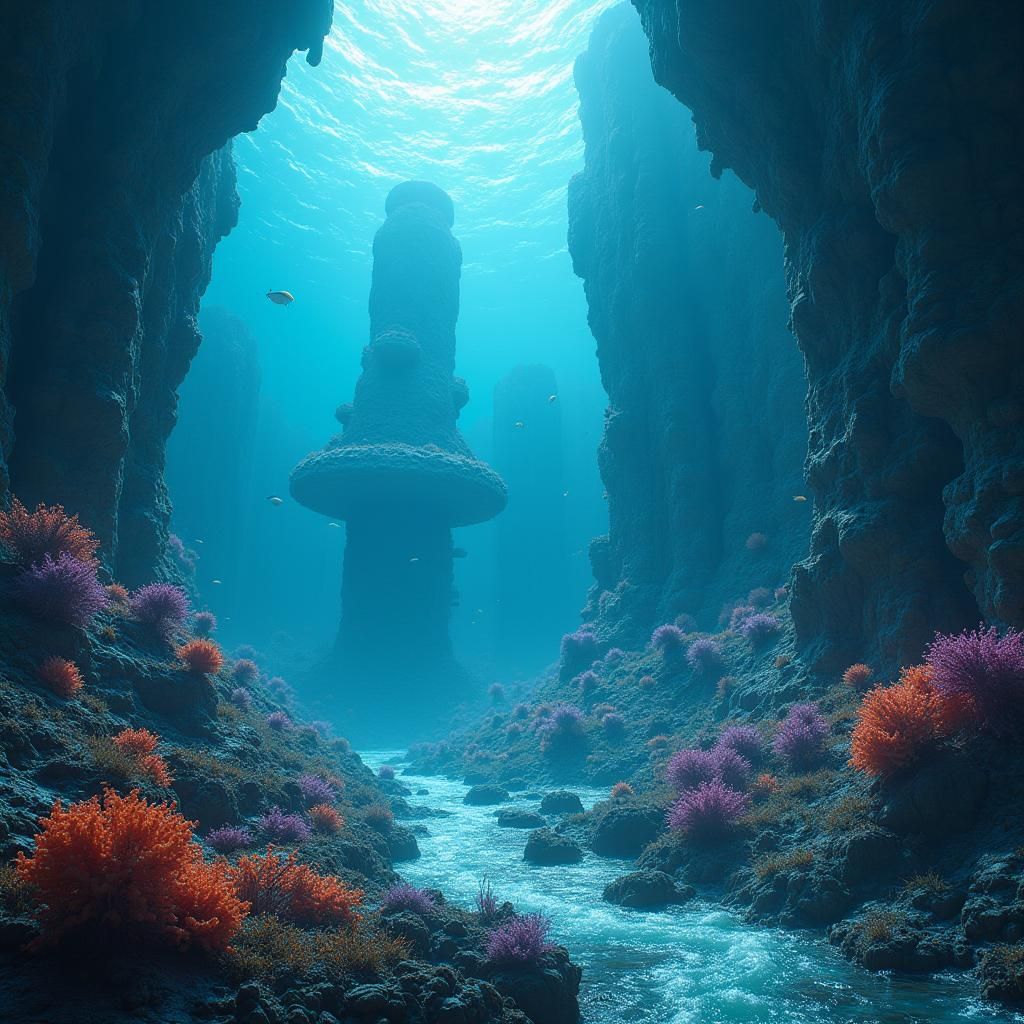 Submerged Sci-Fi City in Iridescent Ocean