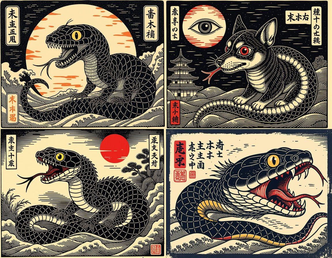 Mystical Miniature Pinscher with Prawn Eyeball in Lino Cut S...