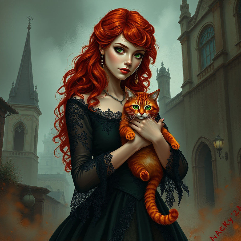 Victorian Woman with Red Cat in Baroque Style