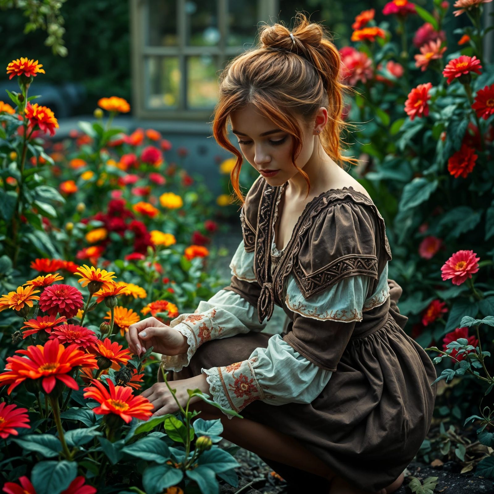 Ethereal Farm Girl in a Lush Floral Paradise