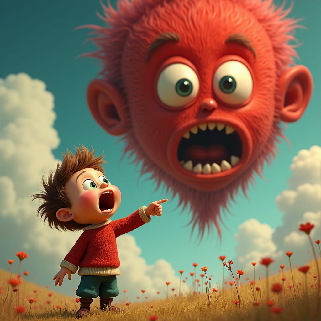 Surprised Boy Points to Face in Sky, Pixar Style