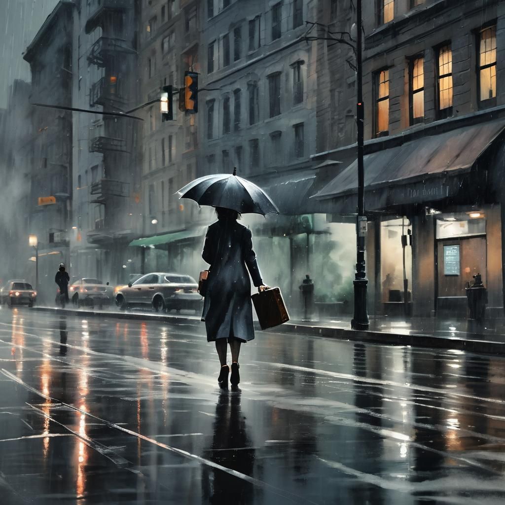 Rainy Cityscape: Stylized Watercolor of Woman Rushing