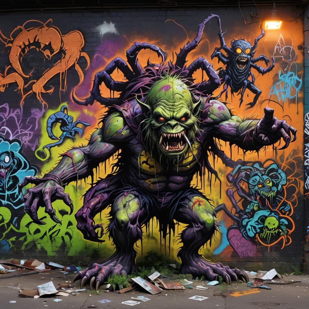 Monster Gladiator Fight in Post-Apocalyptic Graffiti Style