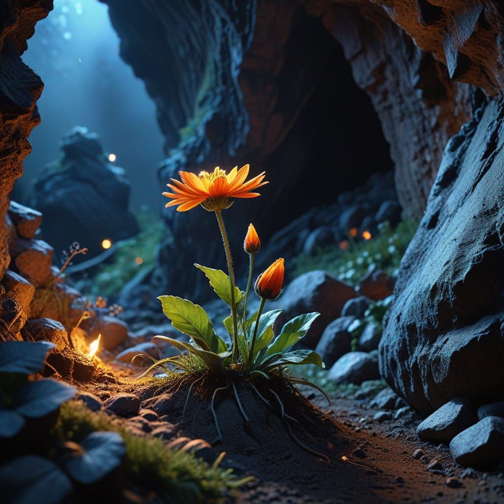 Cornflower in Dark Cave: Hyperrealistic Art