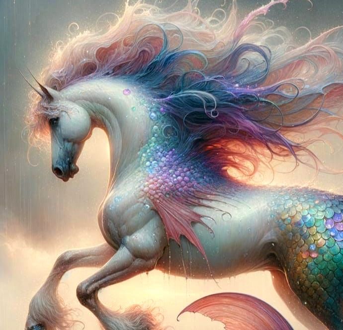 Merhorse Skims Frothy Waves in Rainy Dawn Watercolor