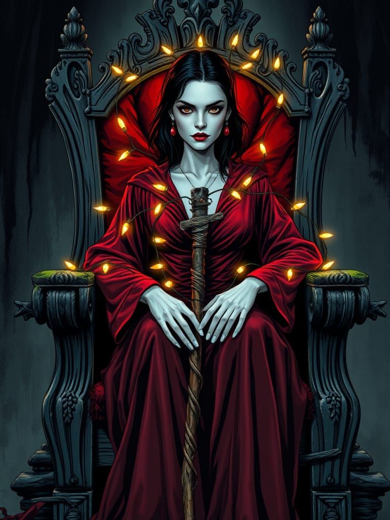 A female vampire on a ramshackle old throne. Holding a stake...