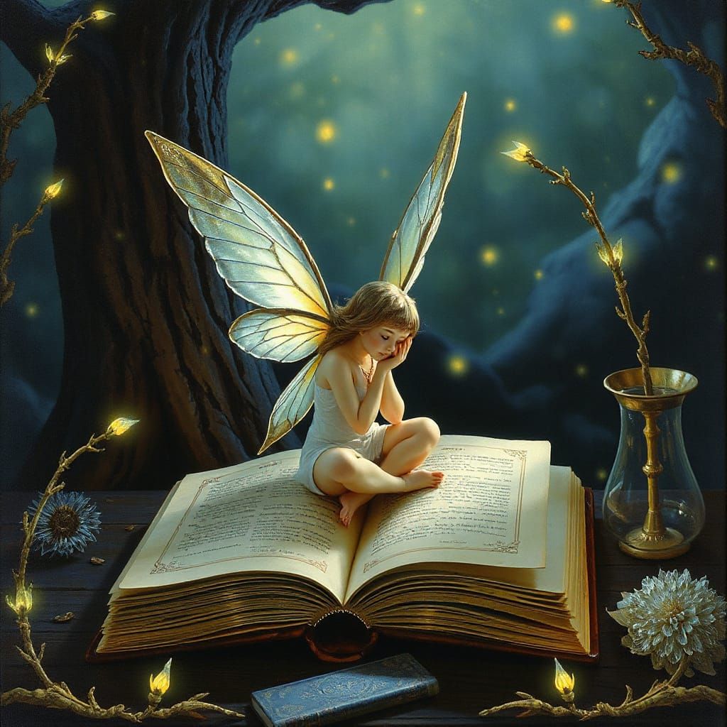 Surreal Fairy Goddess Sits Upon Ancient Tome in Whimsical Ca...