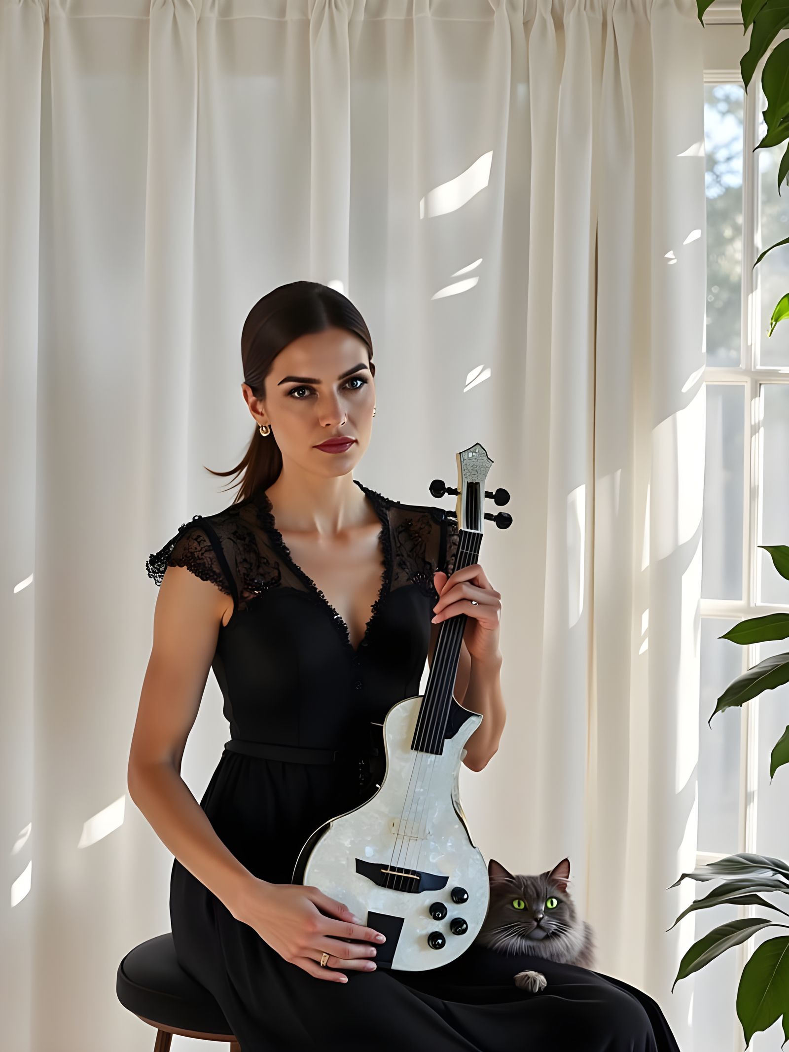 A Woman in Elegant Black Holds a Violin Amidst Whimsical Whi...