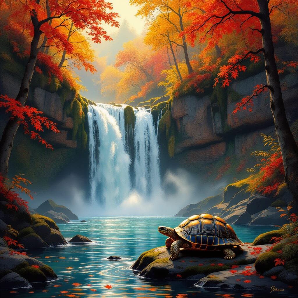 Autumn Waterfall with Tortoise in Luminous Oil Painting Styl...