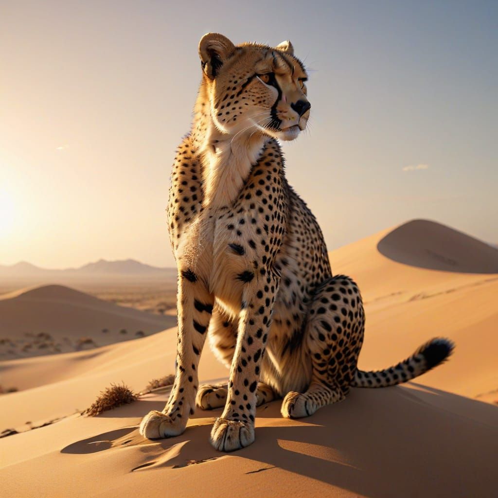 Photorealistic Cheetah on Namibian Sand Dune in Golden Hour