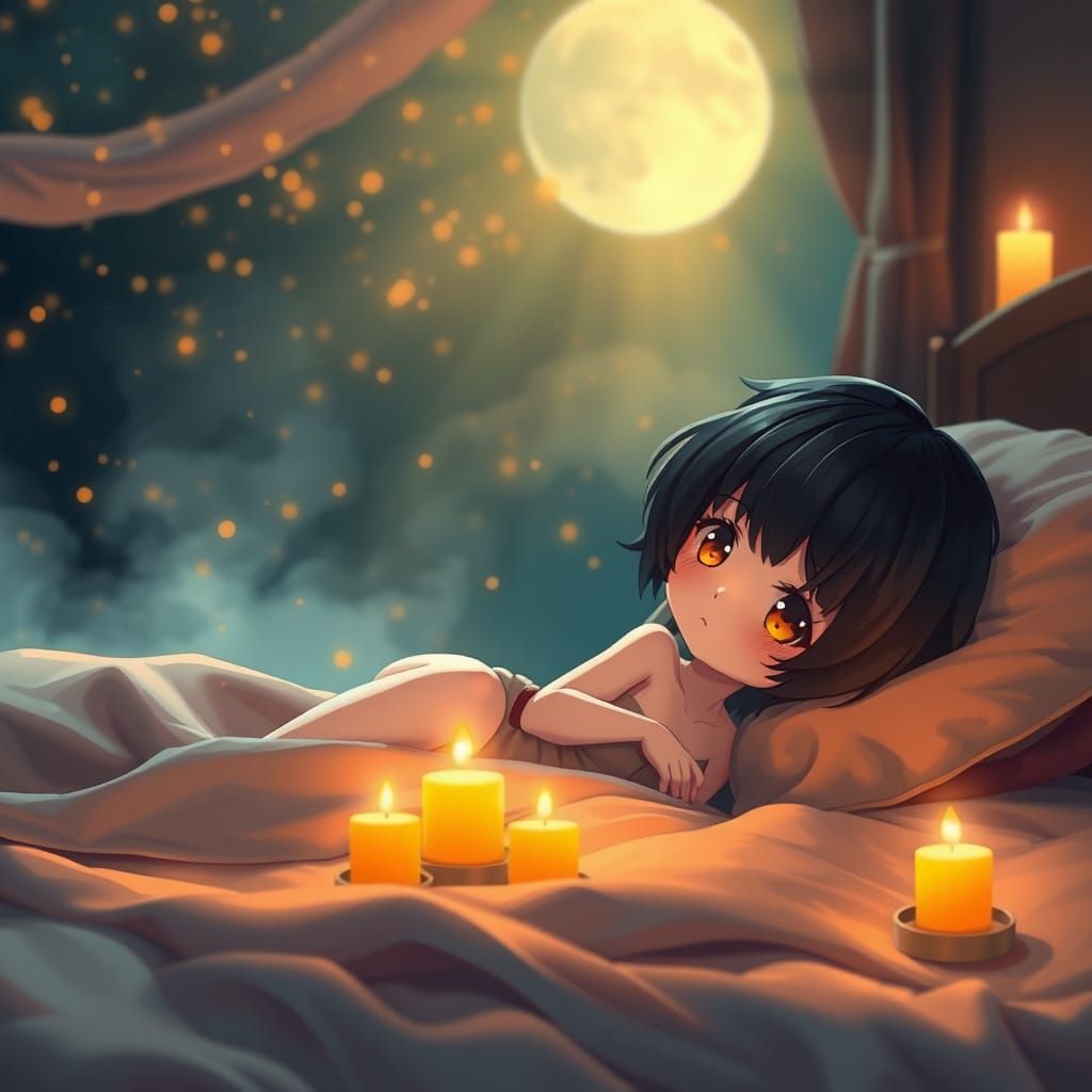 Serene Chibi Woman in Whimsical Nighttime Scene