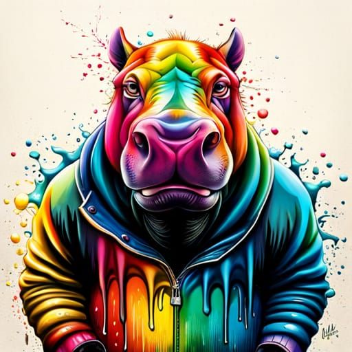 Hippo in Rainbow Hoodie Graffiti Art