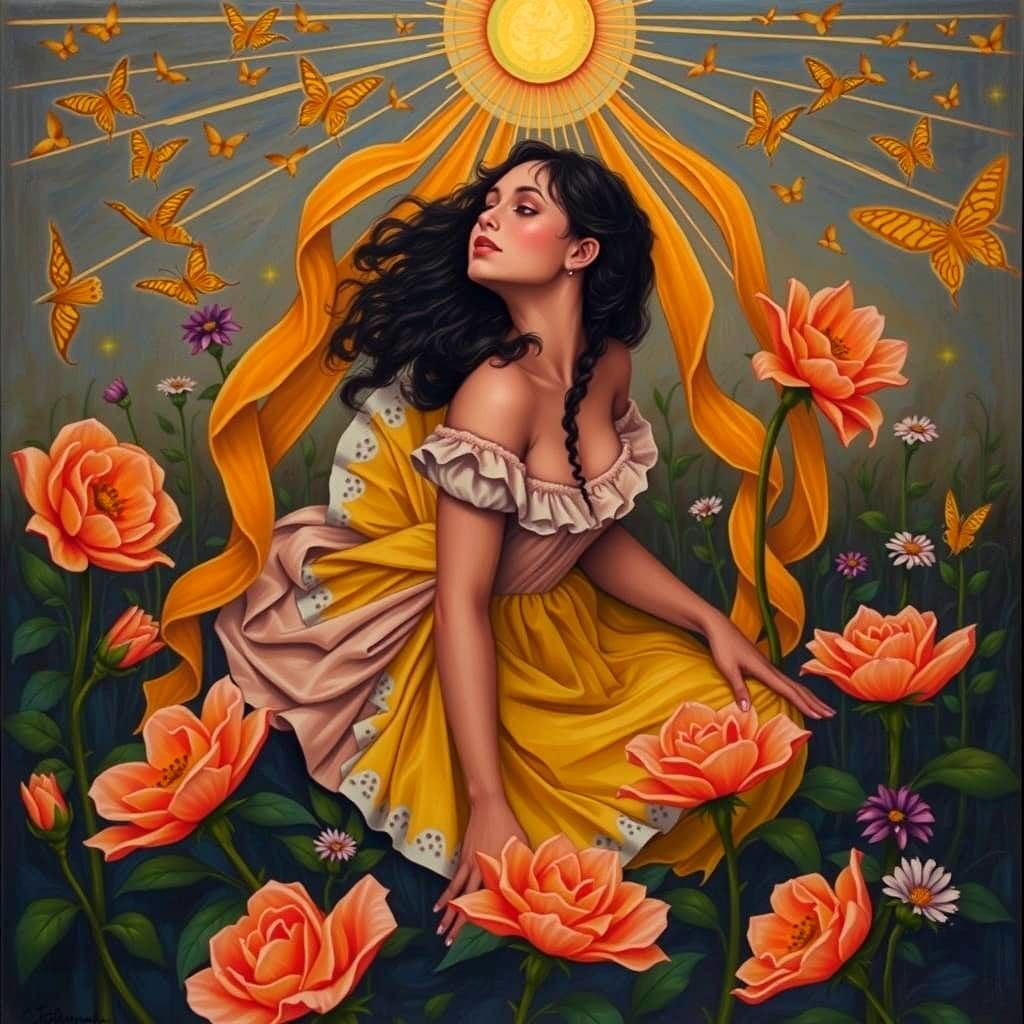 Woman in Yellow Dress in Earthly Garden