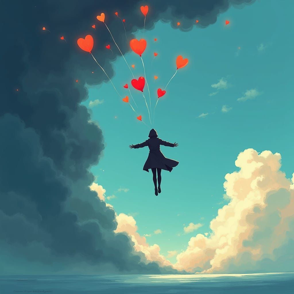 Surreal Figure soars above Heart-Shaped Balloons in Vibrant....