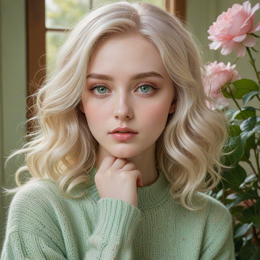 Girl with Sparkling Green Eyes in Whimsical Landscape