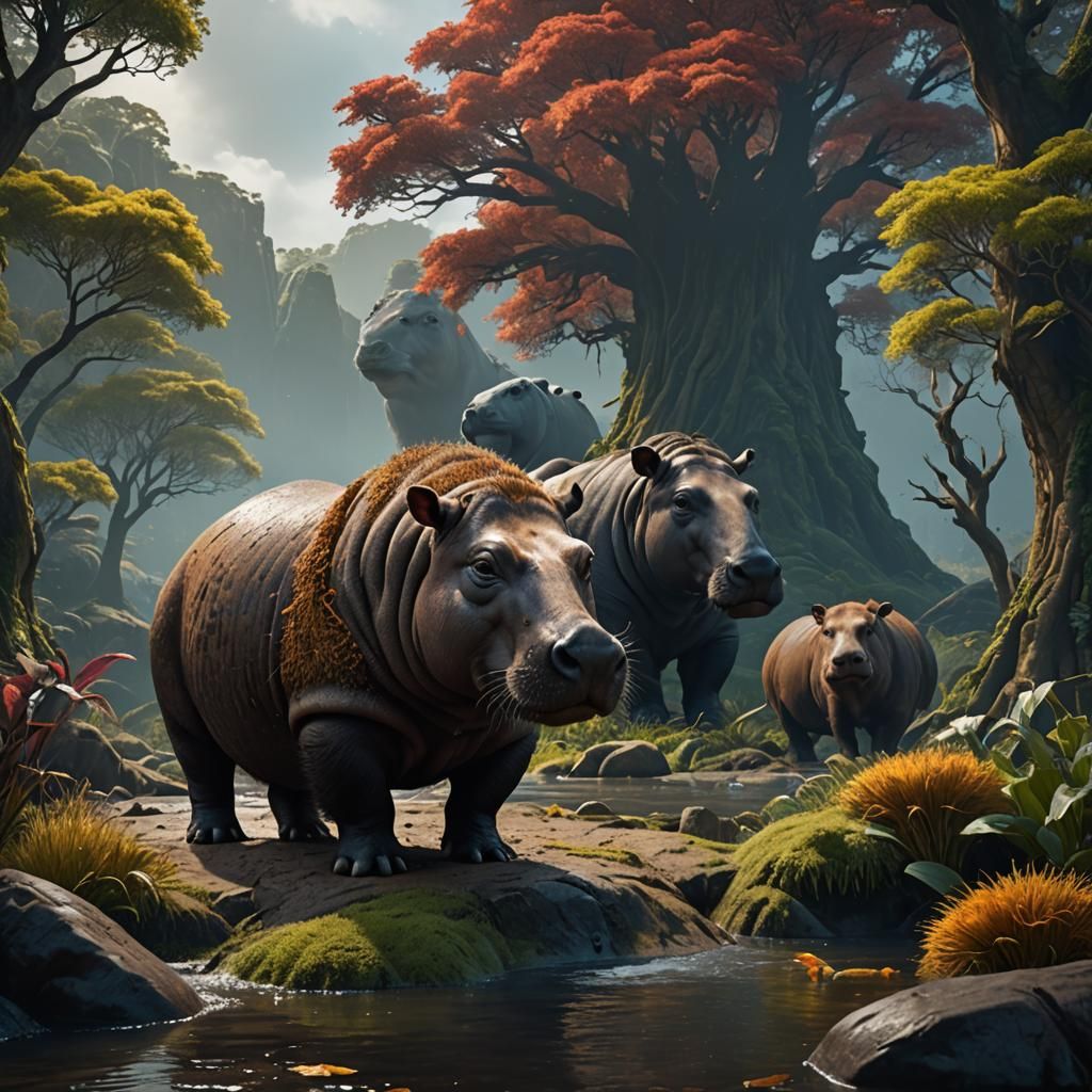 Hybrid Hippo-Capybara with Frizzy Fur: Matte Painting