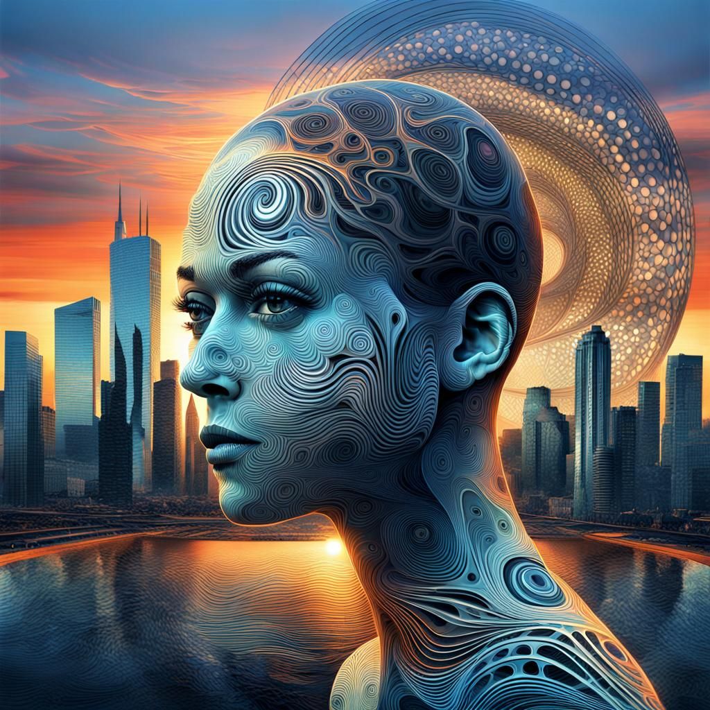 Surreal Face in City Sunset Double Exposure