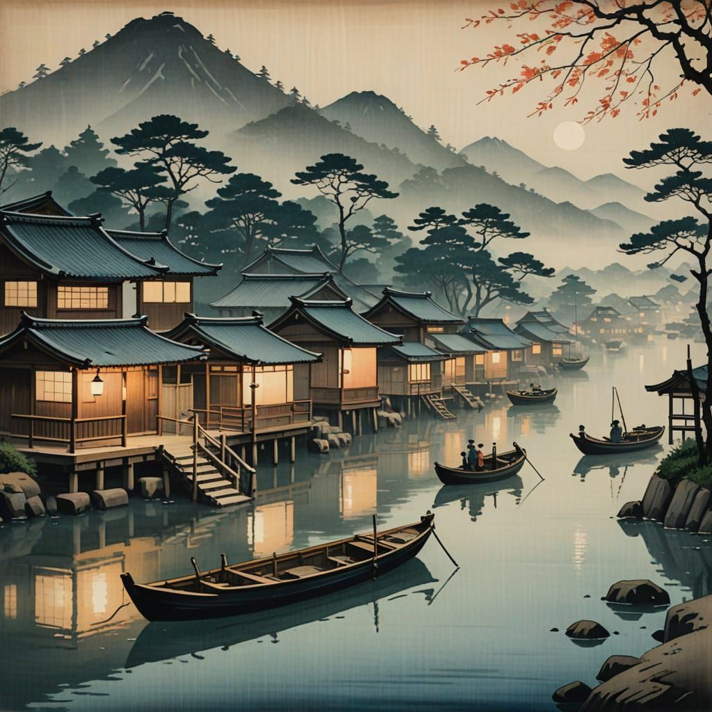 Ukiyo-e Woodblock Print of Japanese Fishing Village