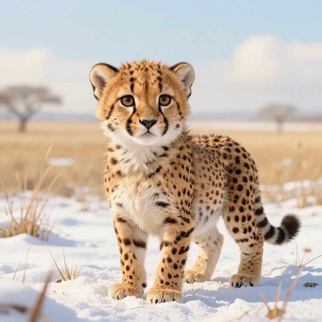 Cute Baby Cheetah in Snowy Savanna, Storybook Style
